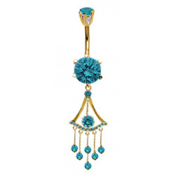 Gold Plated Dangle Round Belly Bars with Drop CZ Crystal - Various Colours